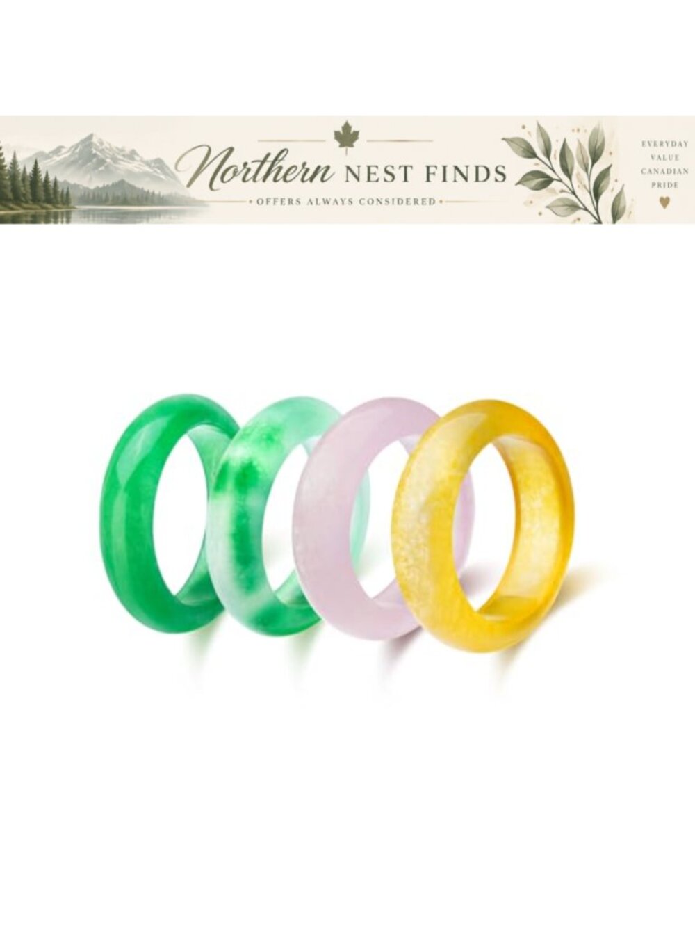 4 Pack Natural Stone Rings for Women 6mm Wide Band Crystal Style